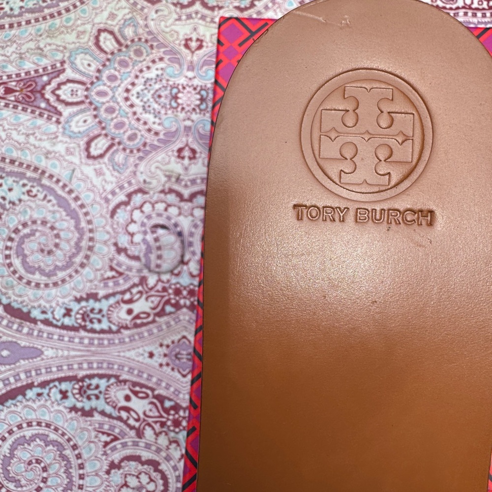 Tory Burch Tan and Gold Ines Wedge Slides - Picture 8 of 8
